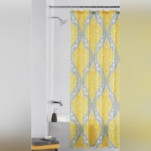 Mainstays faux silk shower curtain, yellow and gray damask. Like new condition